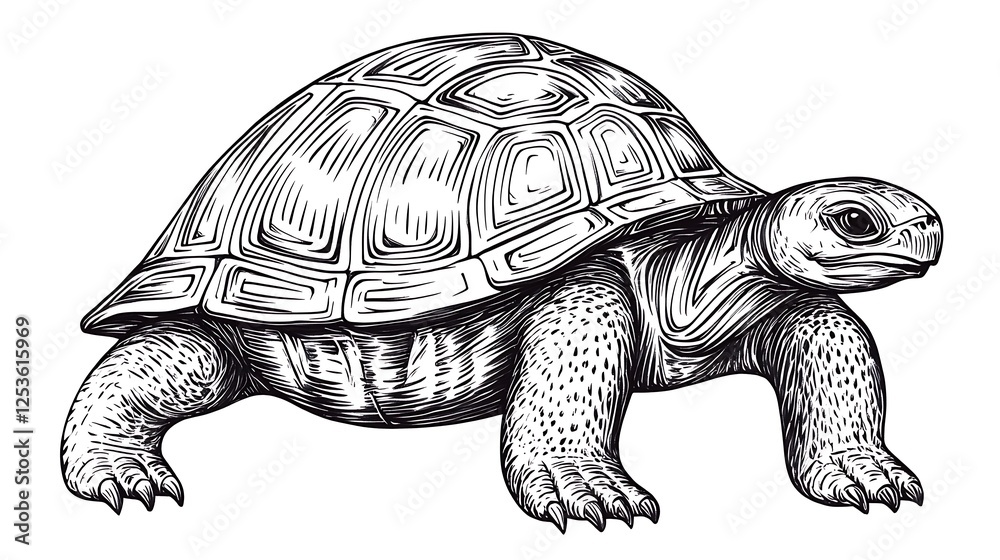 Fototapeta premium Detailed illustration of a turtle showcasing its intricate shell and natural posture in a serene environment