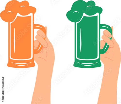 Set of hands with beer mugs. Celebrating Saint Patrick's Day. Vector illustration with transparent background 