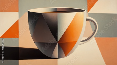 A distorted coffee cup, painted in muted greys and oranges, divided into triangles and rectangles, capturing multiple views of the object simultaneously. photo