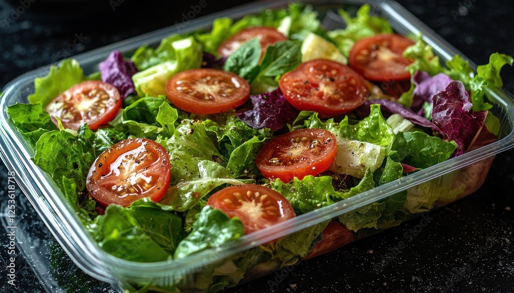 Fresh garden salad with tomatoes in a takeout container on a dark countertop Fresh garden salad with tomatoes in a takeout container on a dark countertop