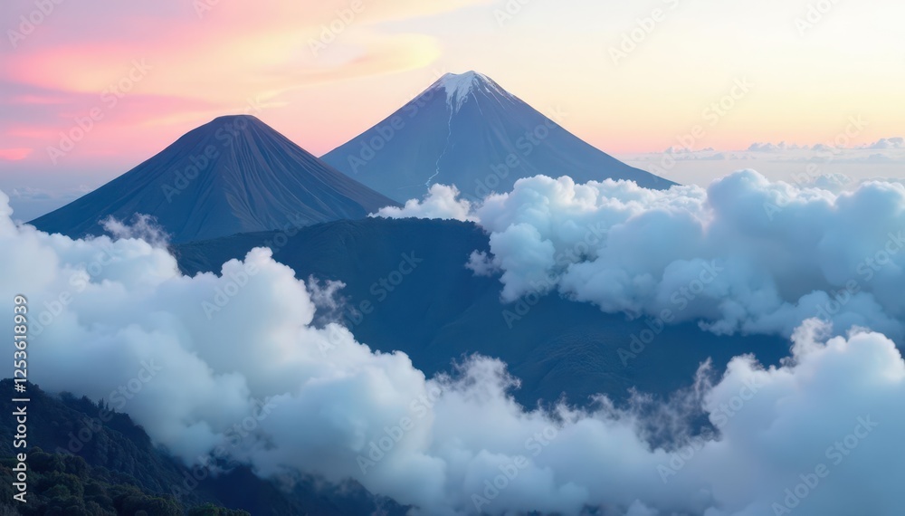 Clouds and fog surround the Andean volcanic peaks, foggy, nature Clouds and fog surround the Andean volcanic peaks, foggy, nature