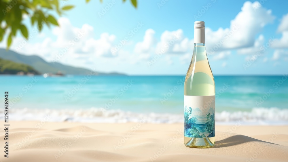Wine Bottle Label Template, Beach background translucent bottle sea motif label clear details. Photorealistic.
