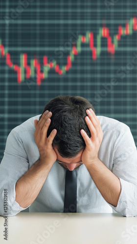 Desperate businessman slumping at desk, head resting on hands near downward stock market graph representing financial distress and economic decline