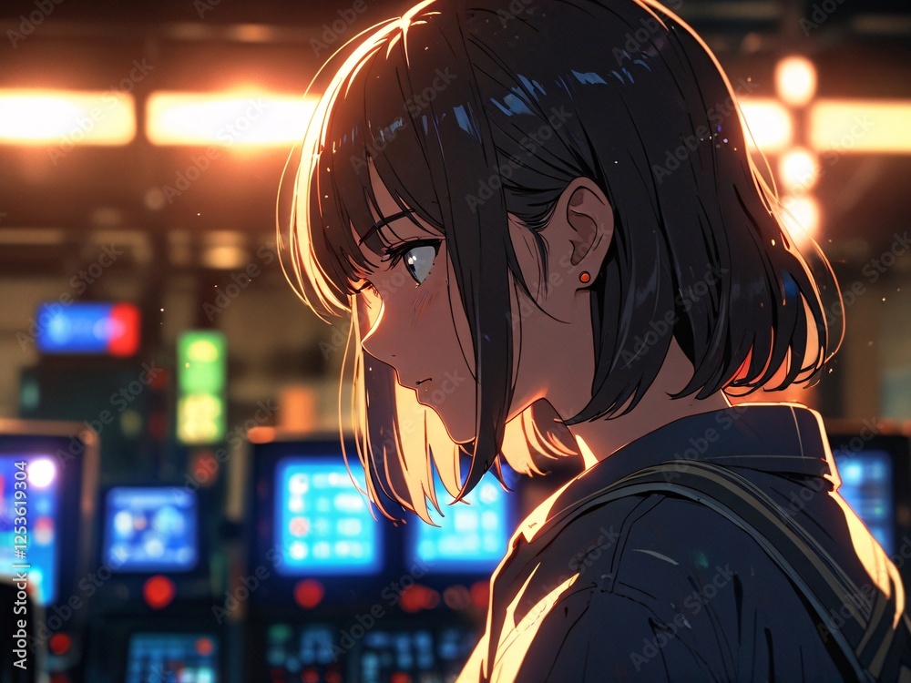 Fototapeta premium Anime Style Night Portrait of a Young Woman in a Technological Setting