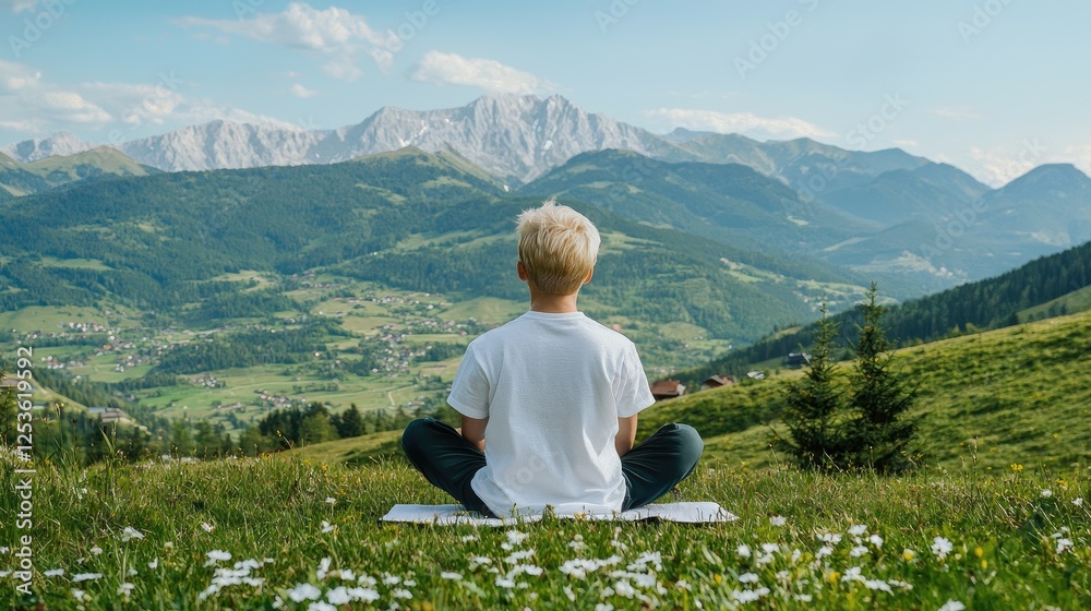 Naklejka premium Boy meditating mountain vista, peaceful alpine scene, healthy lifestyle
