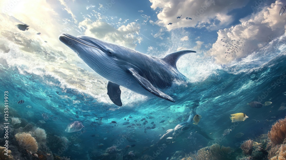 Fototapeta premium A dynamic ocean scene where playful dolphins leap through the waves, schools of fish flash bright colors beneath, and a majestic whale tail rises from the depths, showcasing nature grandeur.