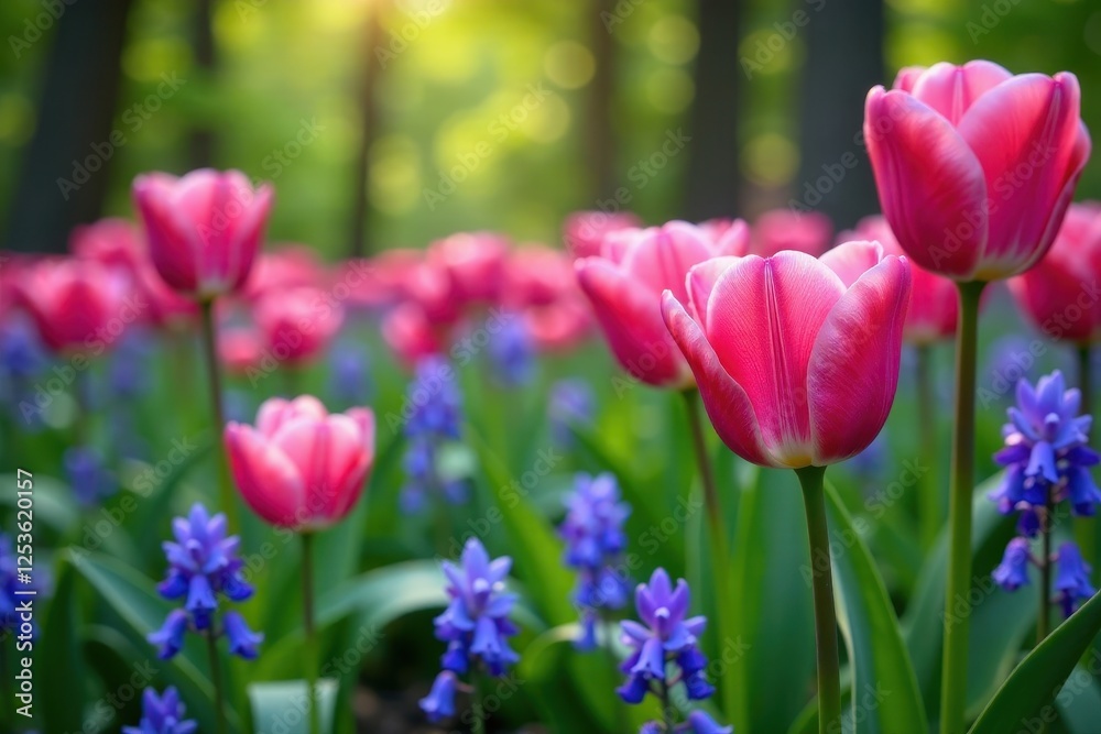 Colorful tulip mix with delicate violets in shades of blue-purple amidst lush greenery, blooms, tulip fields Colorful tulip mix with delicate violets in shades of blue-purple amidst lush greenery, blooms, tulip fields
