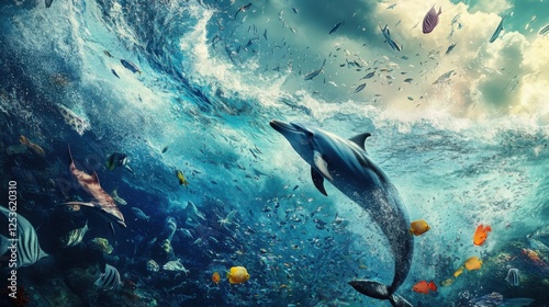A dynamic ocean scene where playful dolphins leap through the waves, schools of fish flash bright colors beneath, and a majestic whale tail rises from the depths, showcasing nature grandeur.