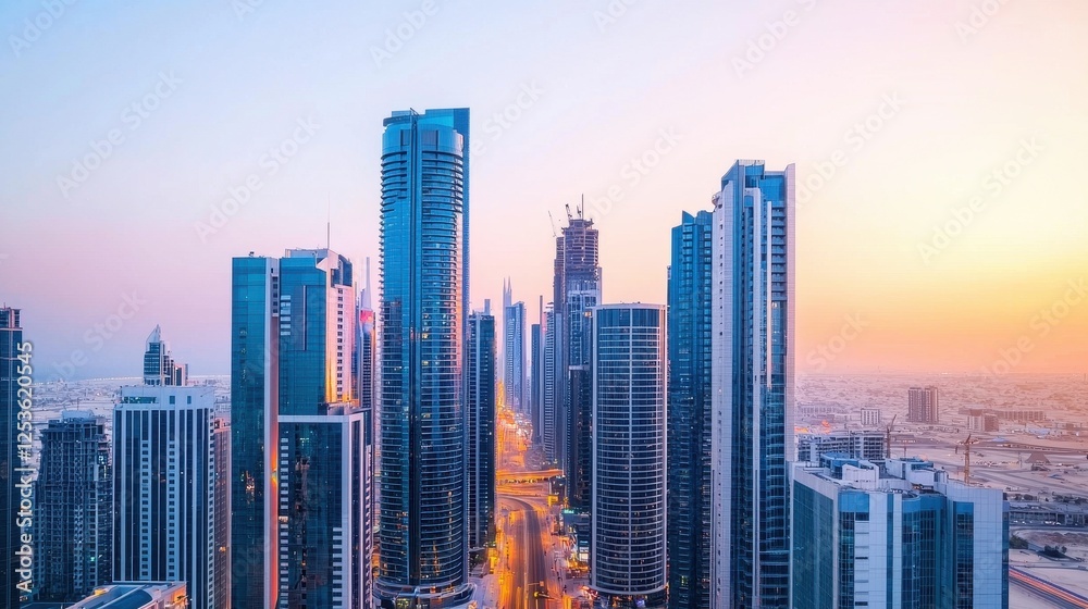 Fototapeta premium Stunning Cityscape of Modern Skyscrapers at Sunset in Dubai
