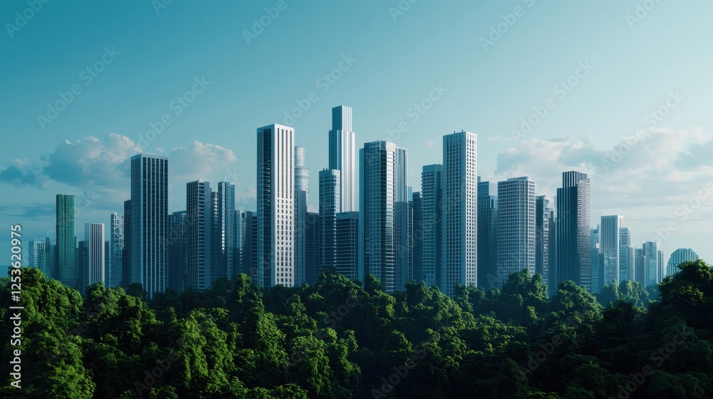 Obraz premium Urban Skyline Surrounded by Lush Green Vegetation and Blue Sky