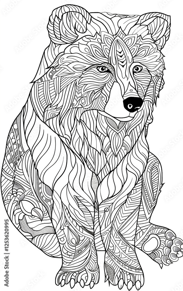 Fototapeta premium Fantasy Bear with Artistic Swirls and Floral Elements Line Drawing. Сoloring page Art Relaxation antistress. Decorative Spirit Bear with Intricate Details Meditative Illustration