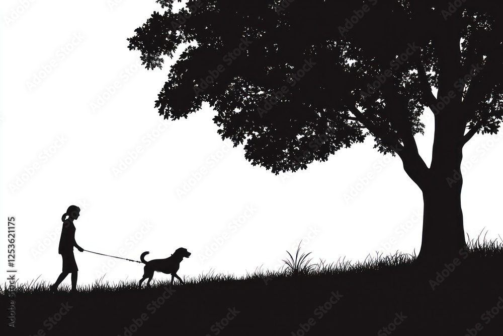Silhouette of a Girl and Dog Walking Together Under a Large Tree at Sunset in a Peaceful Park Silhouette of a Girl and Dog Walking Together Under a Large Tree at Sunset in a Peaceful Park