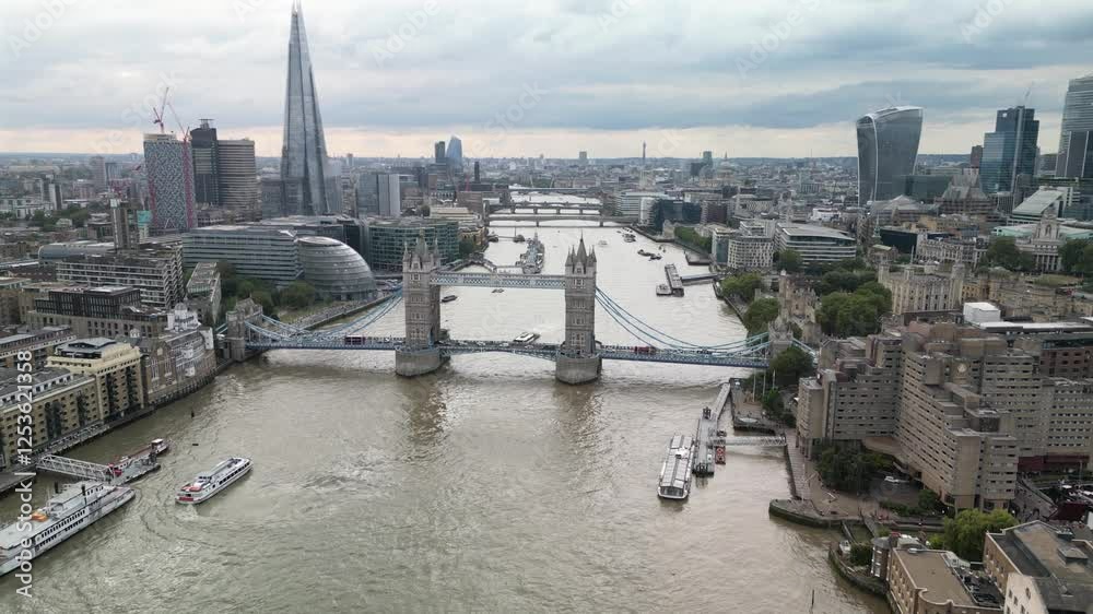 River Thames London Aerial view Tower Bridge UK Pan towards Bridge