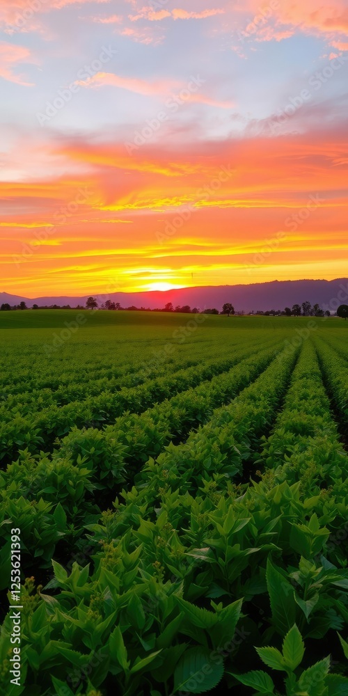 Vibrant orange and pink sunset over a lush agricultural field in the mountains, nature, orange Vibrant orange and pink sunset over a lush agricultural field in the mountains, nature, orange