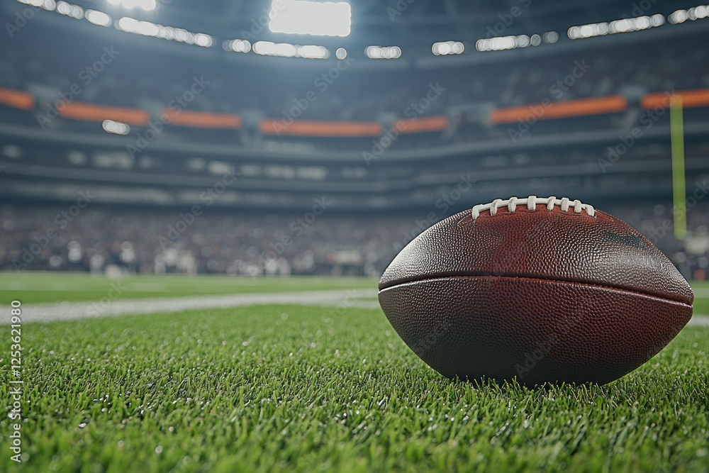 Obraz premium Close-Up of a Football on Grassy Field in a Stadium with Spectators in Background