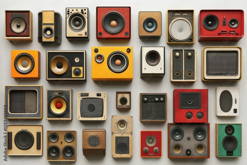 Obraz premium Vintage Audio Equipment Collection Featuring Retro Speakers and Amplifiers in Various Styles