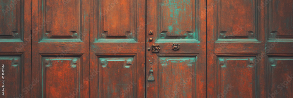 Carved wooden door featuring intricate details and an aged finish in warm tones Carved wooden door featuring intricate details and an aged finish in warm tones