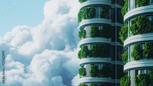 Modern Residential Building with Greenery Against Cloudy Sky