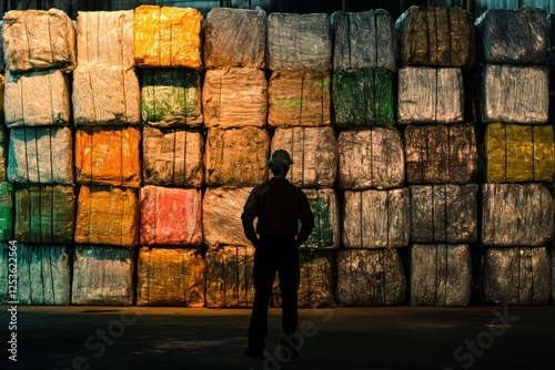 Worker Observing Stacked Bales of Recycled Materials in Industrial Warehouse Environment