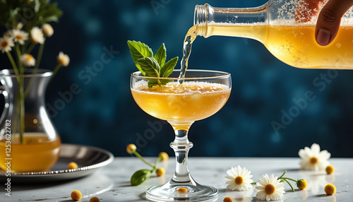 Elegant elderflower cordial pouring into coupe glass, refined celebration