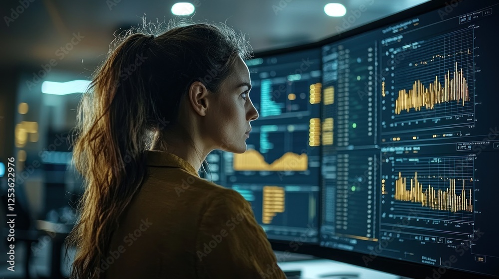 Woman analyzing data on large monitors in office at night Woman analyzing data on large monitors in office at night