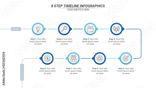 8 Steps Infographic Timeline with Editable Text on a 16:9 Layout for Business Presentation, Poster, Banner and Booklet.