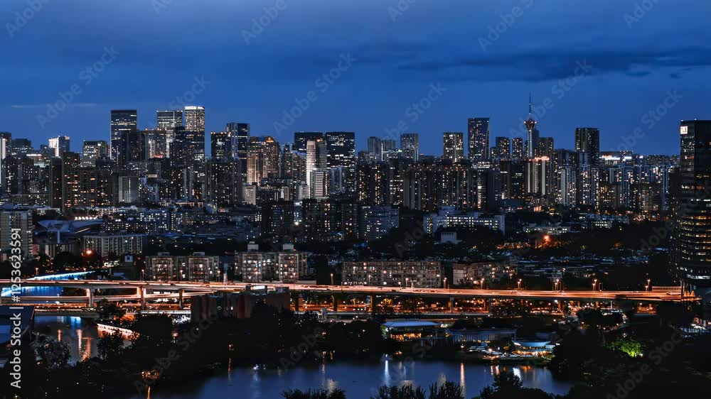 4k aerial video capturing Chengdu's elegance and vibrance as the lights turn on showcasing a perfect reflection of the land of abundance 4k aerial video capturing Chengdu's elegance and vibrance as the lights turn on showcasing a perfect reflection of the land of abundance