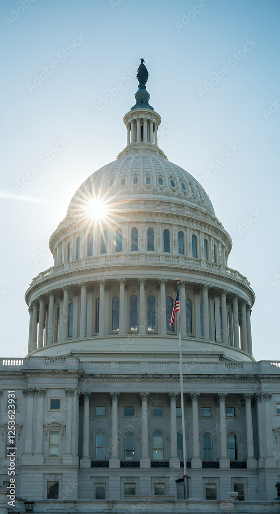Fototapeta premium US Capitol Building Shines: A Patriotic View of American Democracy, Washington DC Landmark at Sunrise with American Flag