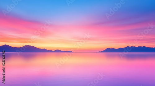 Still water reflects the sunset over distant mountains. Serene nature background image for travel, vacation, or mindfulness materials