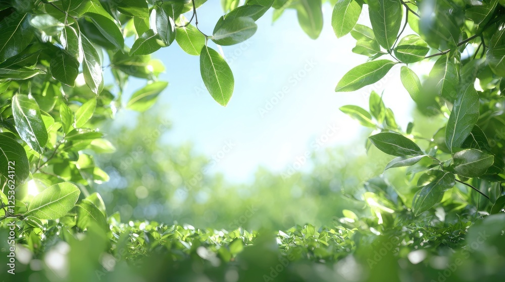 Lush green foliage frame, sunlit background, nature scene, perfect for spring/summer themes Lush green foliage frame, sunlit background, nature scene, perfect for spring/summer themes