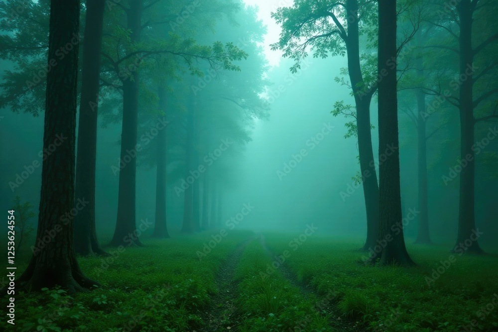 Obraz premium Dense fog in the forest environment surrounding tree trunks, atmospheric, misty, greenery
