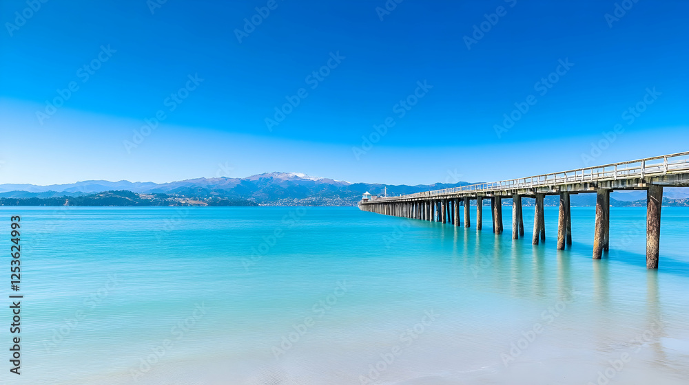 Tranquil wharf extending into turquoise sea under a vibrant sky. Snow-capped mountains in the distance. For travel and landscape themes Tranquil wharf extending into turquoise sea under a vibrant sky. Snow-capped mountains in the distance. For travel and landscape themes