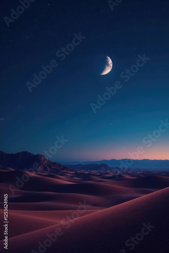 A lone waning crescent moon hanging above a vast desert landscape at night, vast space, sky, stars