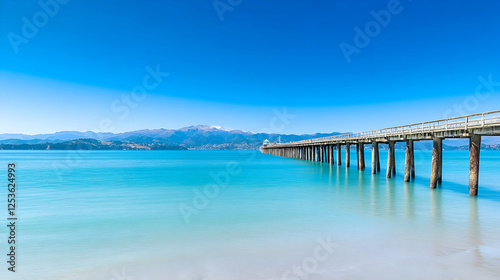 Wallpaper Mural Tranquil wharf extending into turquoise sea under a vibrant sky. Snow-capped mountains in the distance. For travel and landscape themes Torontodigital.ca