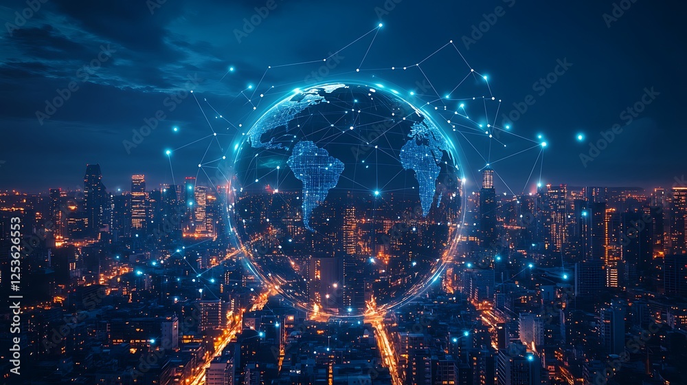 Obraz premium Digital Globe with Network Connections Over City Skyline