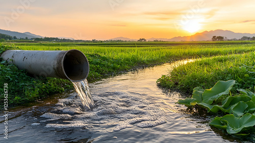 Water flows from a pipe into a rural landscape. Environmental theme for ecology, sustainability, irrigation, waste disposal, or agriculture
