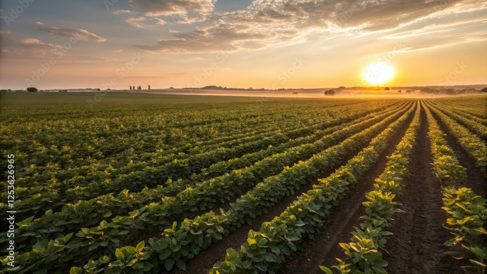 Wide-angle shot of a vast soybean field with the sun rising in the background, natural wonder, vast landscape Wide-angle shot of a vast soybean field with the sun rising in the background, natural wonder, vast landscape