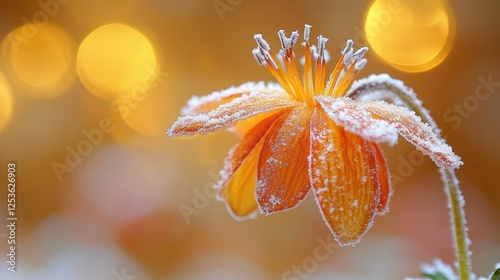 Frozen orange flower, frosty petals, warm indoor lights, winter scene photo