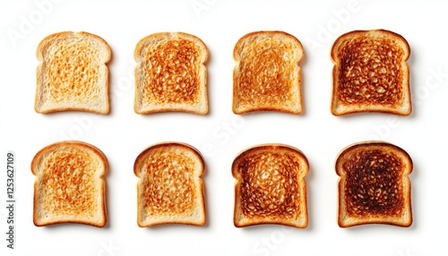 Slices of toasted bread arranged in a grid, showing different levels of toasting from light to burnt, on a white background. Cooking and breakfast concept. Flat lay composition.