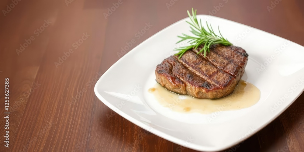 white plate adorned with a juicy steak and sprig of rosemary, elegant simplicity, refined atmosphere, high contrast lighting white plate adorned with a juicy steak and sprig of rosemary, elegant simplicity, refined atmosphere, high contrast lighting