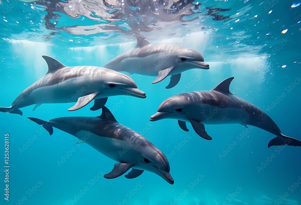 Underwater Encounter: A Family of Dolphins Gracefully Swimming in the Ocean's Embrace Underwater Encounter: A Family of Dolphins Gracefully Swimming in the Ocean's Embrace