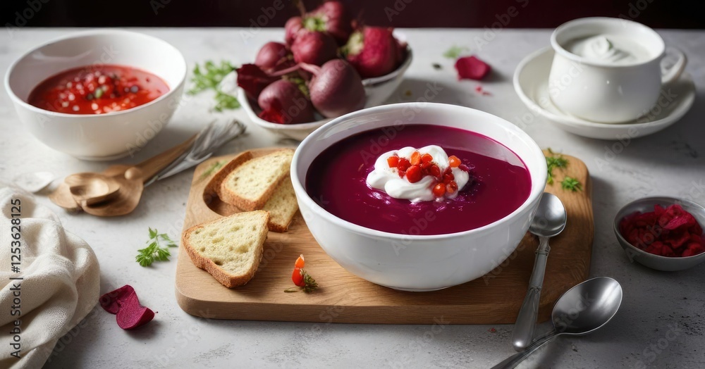 White bowl filled with steaming hot beetroot soup and topped with a generous helping of sour cream , hot, beetrots White bowl filled with steaming hot beetroot soup and topped with a generous helping of sour cream , hot, beetrots
