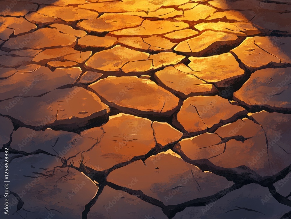 Dry cracked earth illuminated by warm sunlight in evening Dry cracked earth illuminated by warm sunlight in evening
