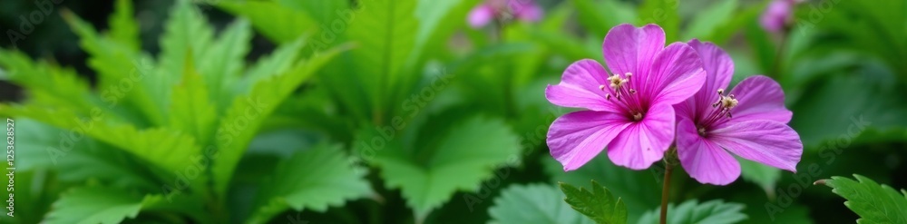 Purple geranium blooms against a backdrop of lush green ferns, botanical, garden scene Purple geranium blooms against a backdrop of lush green ferns, botanical, garden scene