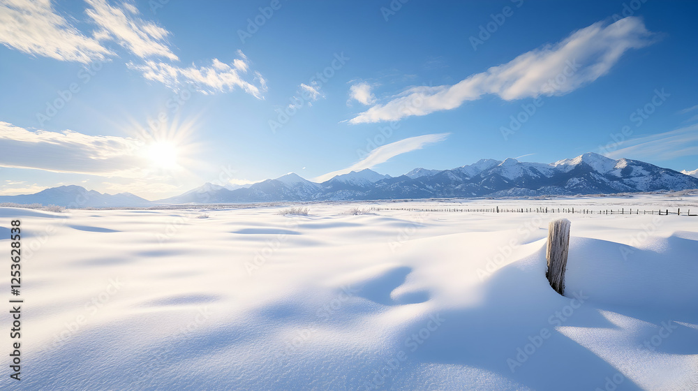 Winter landscape Snowy field glitters under bright sun; mountains rise in background. Ideal for seasonal ads, nature blogs, or travel guides Winter landscape Snowy field glitters under bright sun; mountains rise in background. Ideal for seasonal ads, nature blogs, or travel guides