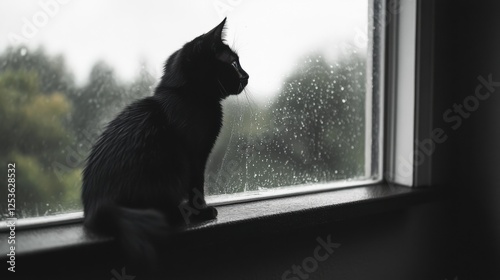 Cat observing rain from window indoor home setting cozy environment side view emotional reflection on nature's beauty photo