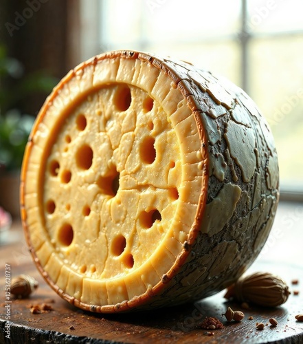 Wheel of rich, creamy cheese with veined texture and earthy aroma, Veins, Earthy, Stilton