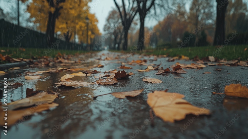 Autumn rainfall creates a serene scene of fallen leaves on wet pavement in a city park capturing nature's beauty and tranquility from a ground-level perspective Autumn rainfall creates a serene scene of fallen leaves on wet pavement in a city park capturing nature's beauty and tranquility from a ground-level perspective