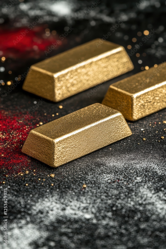 Vibrant Gold Bars on Dark Surface with Artistic Elements Vibrant Gold Bars on Dark Surface with Artistic Elements