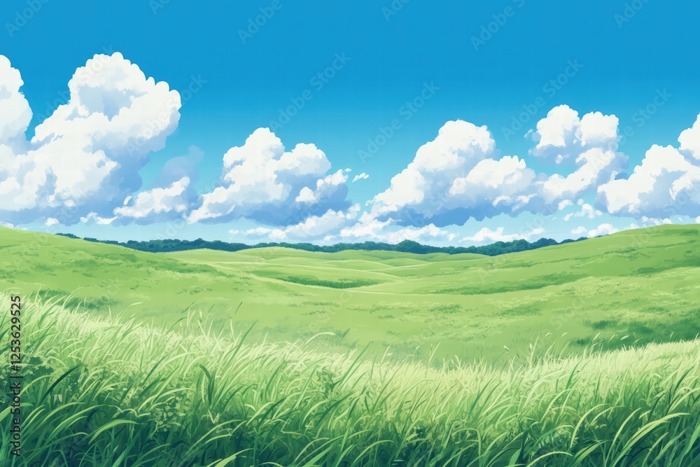 Fototapeta premium Lush Green Landscape Under Bright Blue Sky with Fluffy White Clouds